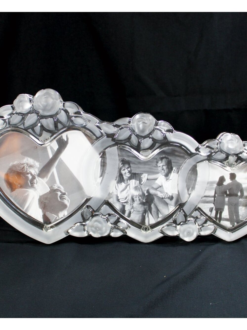 Vintage Mikasa Rosemont Walther Heavy Glass Triple Heart Photo Frame Frosted 14"